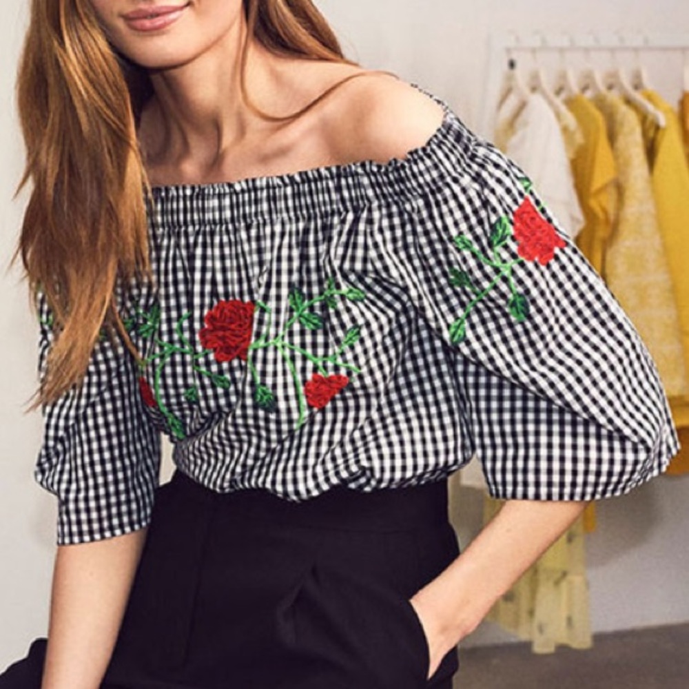 Vero Moda Off the Shoulder Black & White Gingham Top Floral Embroidery Sz Small